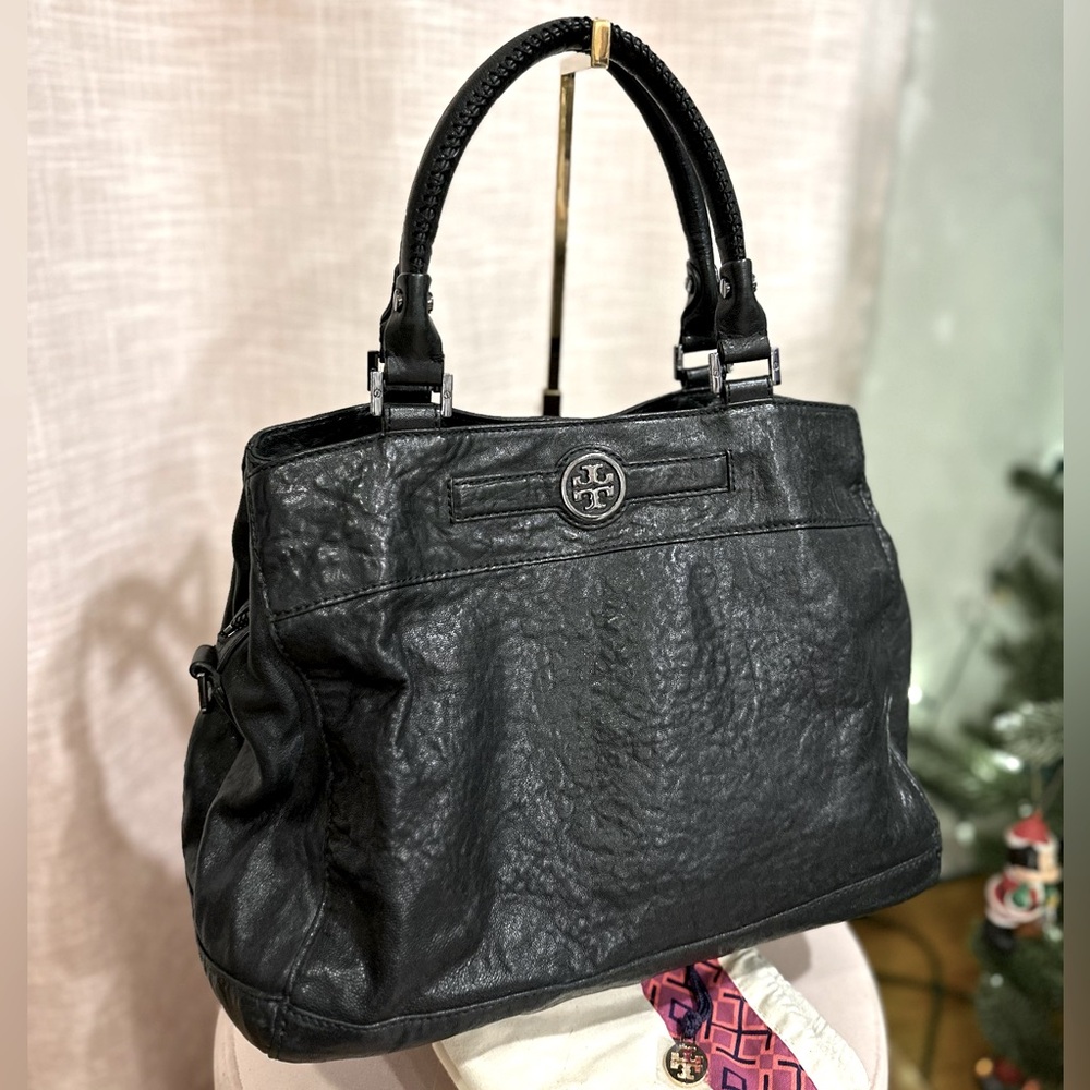 Vintage Tory Burch Black Textured Leather Double Handle Satchel